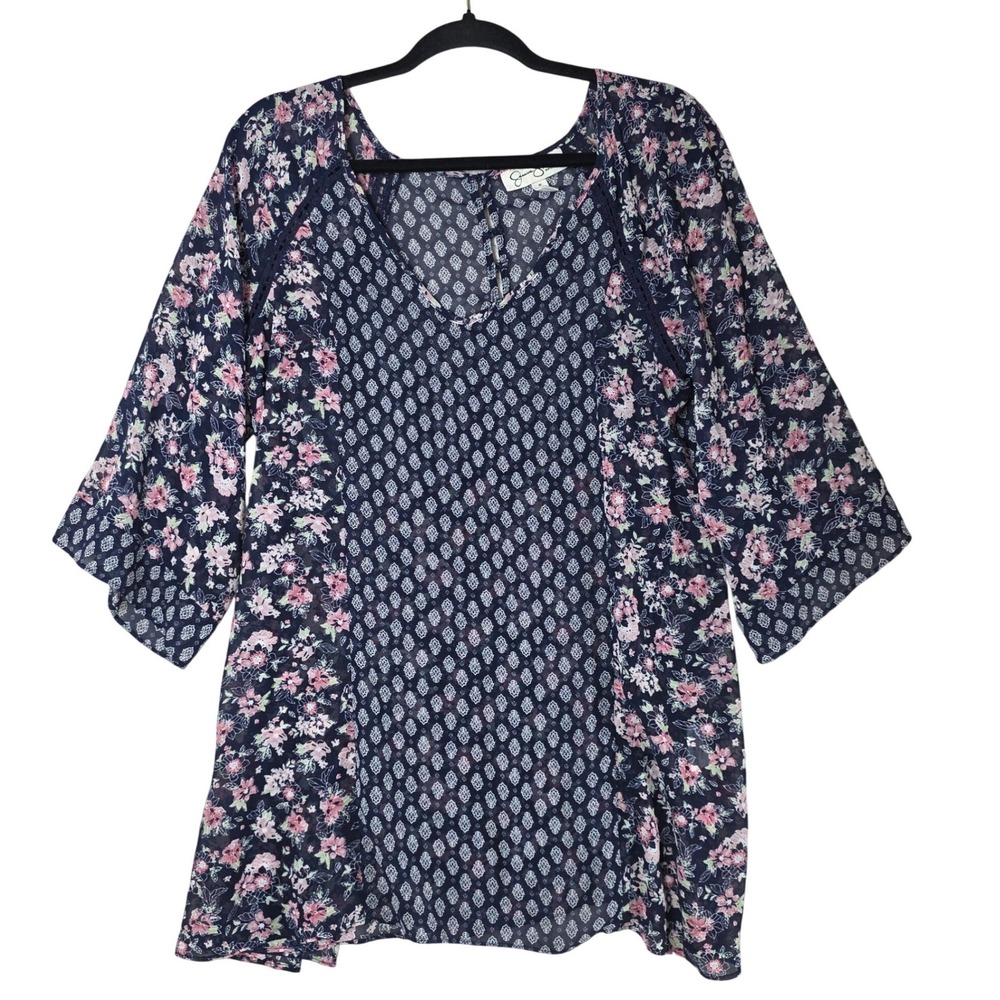Jessica Simpson Maternity Floral Mixed Print V-Neck Blouse Navy Pink Size M Boho